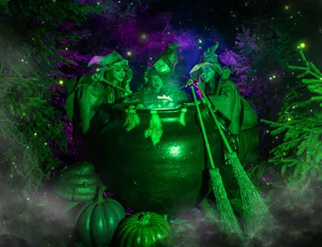 Witches at cauldron preparing for Howl'o'ween at Chessington World of Adventures Resort