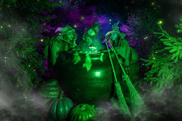 Witches at cauldron preparing for Howl'o'ween at Chessington World of Adventures Resort