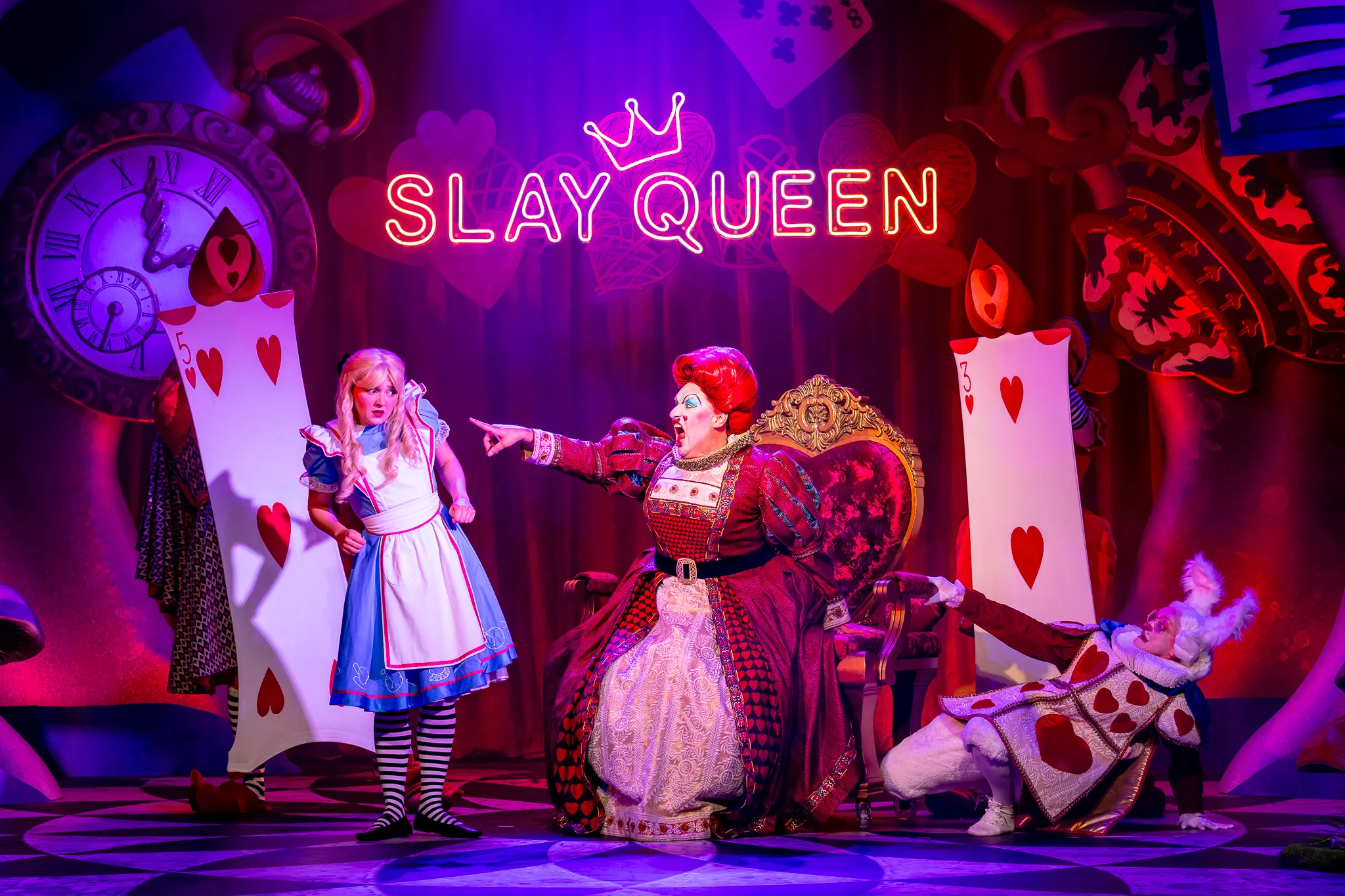 3. Charlotte Bradley (Alice), Daniel Page (Queen Of Hearts), And Clare Brice (White Rabbit)